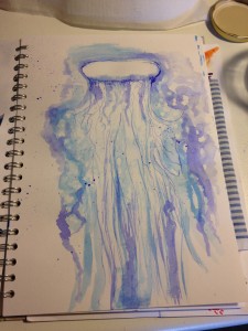 jellyfish in blue ink, sketchbook, ideas, ink and water, ink pen