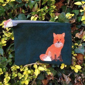 current work, green cord case, kindle, ipad mini, freehand machine embroidery, fox, animal, woodland,